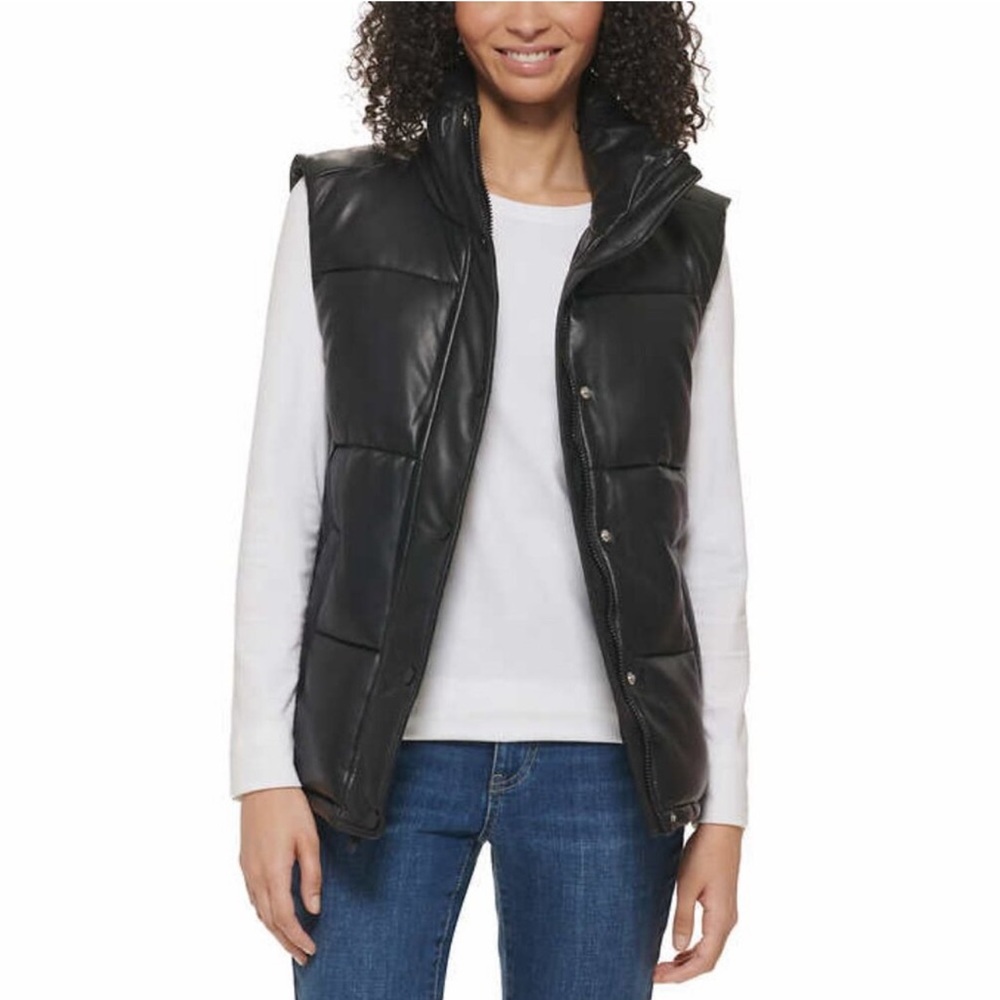 NEW Marc New York Women’s Black Faux Leather Vest Puffer Zip-Up Jacket, Size L
